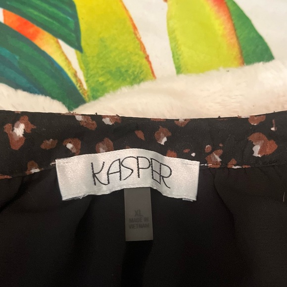 Kasper XL Black Brown Abstract Spotted Textured Sheer Peasant Sleeve Office Top - Picture 9 of 9